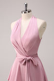 Tiered Pink A Line Halter Floor Length Dress with Sash