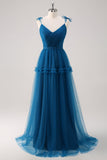 Dark Blue Spaghetti Straps A-Line Tulle Long Bridesmaid Dress