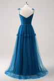 Dark Blue Spaghetti Straps A-Line Tulle Long Bridesmaid Dress