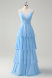 Sky Blue A Line Hollow Out Tiered Chiffon Bridesmaid Dress