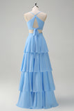 Sky Blue A Line Hollow Out Tiered Chiffon Bridesmaid Dress