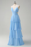 Sky Blue A Line Hollow Out Tiered Chiffon Bridesmaid Dress