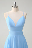 Sky Blue A Line Hollow Out Tiered Chiffon Bridesmaid Dress