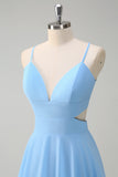 Sky Blue A Line Hollow Out Tiered Chiffon Bridesmaid Dress