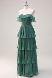 Eucalyptus Tiered A Line Pleated Off the Shoulder Bridesmaid Dress