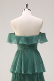 Eucalyptus Tiered A Line Pleated Off the Shoulder Bridesmaid Dress