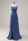 Dark Blue Ruffled Sheath Bridesmaid Dress with Slit