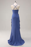 Dark Blue Ruffled Sheath Bridesmaid Dress with Slit