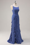 Dark Blue Ruffled Sheath Bridesmaid Dress with Slit