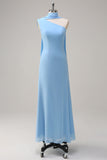 Blue One Shoulder Sheath Tea-Length Dress with Ribbon