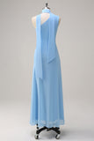 Blue One Shoulder Sheath Tea-Length Dress with Ribbon