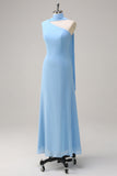 Blue One Shoulder Sheath Tea-Length Dress with Ribbon