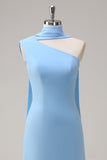 Blue One Shoulder Sheath Tea-Length Dress with Ribbon