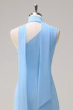 Blue One Shoulder Sheath Tea-Length Dress with Ribbon