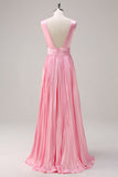 Pink A Line Pleated V Neck Bridesmaid Dress