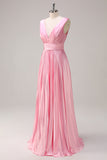 Pink A Line Pleated V Neck Bridesmaid Dress