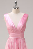 Pink A Line Pleated V Neck Bridesmaid Dress