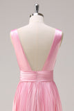 Pink A Line Pleated V Neck Bridesmaid Dress