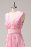 Pink A Line Pleated V Neck Bridesmaid Dress