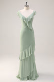 Dusty Sage V Neck Ruffled Sheath Bridesmaid Dress