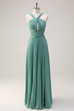 Eucalyptus Pleated Criss Cross Keyhole Bridesmaid Dress