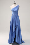 Blue A Line Pleated One Shoulder Bridesmaid Dress with Slit