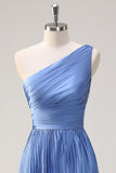 Blue A Line Pleated One Shoulder Bridesmaid Dress with Slit