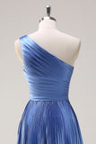 Blue A Line Pleated One Shoulder Bridesmaid Dress with Slit