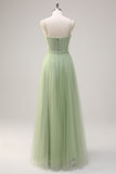 Sage A Line Corset Spaghetti Straps Tulle Bridesmaid Dress