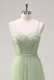 Sage A Line Corset Spaghetti Straps Tulle Bridesmaid Dress