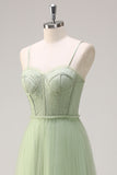 Sage A Line Corset Spaghetti Straps Tulle Bridesmaid Dress