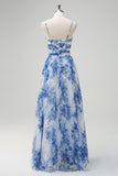 Pleated A Line White Blue Flower Spaghetti Straps Bridesmaid Dress