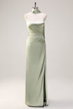 Sage Sheath Spaghetti Straps Slit Bridesmaid Dress with Ribbon