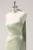 Sage Sheath Spaghetti Straps Slit Bridesmaid Dress with Ribbon