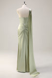 Sage One Shoulder Sheath Bridesmaid Dress with Ribbon