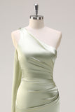 Sage One Shoulder Sheath Bridesmaid Dress with Ribbon