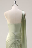 Sage One Shoulder Sheath Bridesmaid Dress with Ribbon