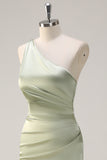 Sage One Shoulder Sheath Bridesmaid Dress with Ribbon