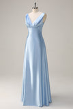 A Line Sky Blue V Neck Satin Bridesmaid Dress