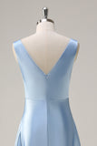 A Line Sky Blue V Neck Satin Bridesmaid Dress