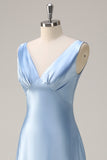 A Line Sky Blue V Neck Satin Bridesmaid Dress