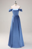 Dusty Blue A Line Satin Off the Shoulder Bridesmaid Dress