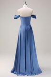 Dusty Blue A Line Satin Off the Shoulder Bridesmaid Dress