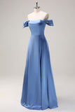 Dusty Blue A Line Satin Off the Shoulder Bridesmaid Dress