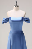 Dusty Blue A Line Satin Off the Shoulder Bridesmaid Dress