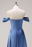 Dusty Blue A Line Satin Off the Shoulder Bridesmaid Dress