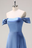 Dusty Blue A Line Satin Off the Shoulder Bridesmaid Dress