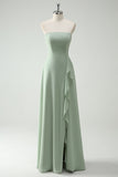 Strapless Dusty Sage Bridesmaid Dress with Ruffle Slit