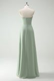 Strapless Dusty Sage Bridesmaid Dress with Ruffle Slit