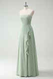 Strapless Dusty Sage Bridesmaid Dress with Ruffle Slit